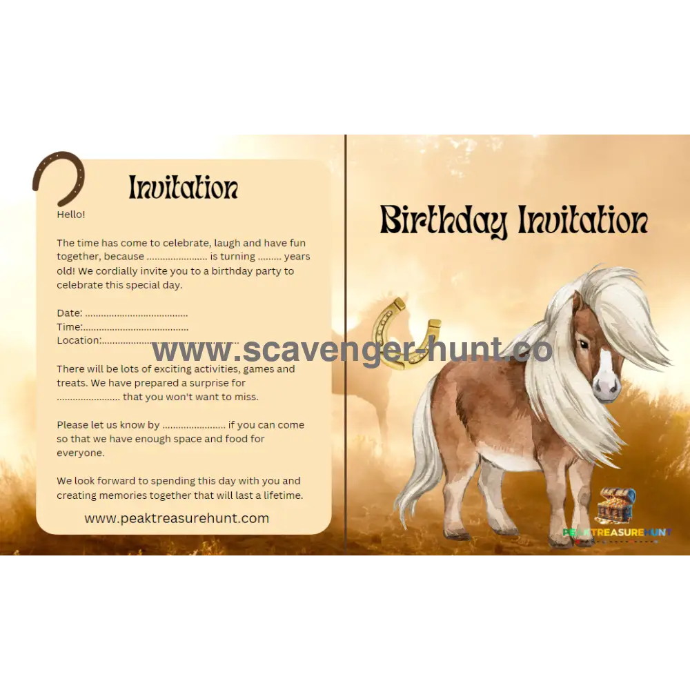 Horse Birthday Invitation Card – Scavenger Hunt